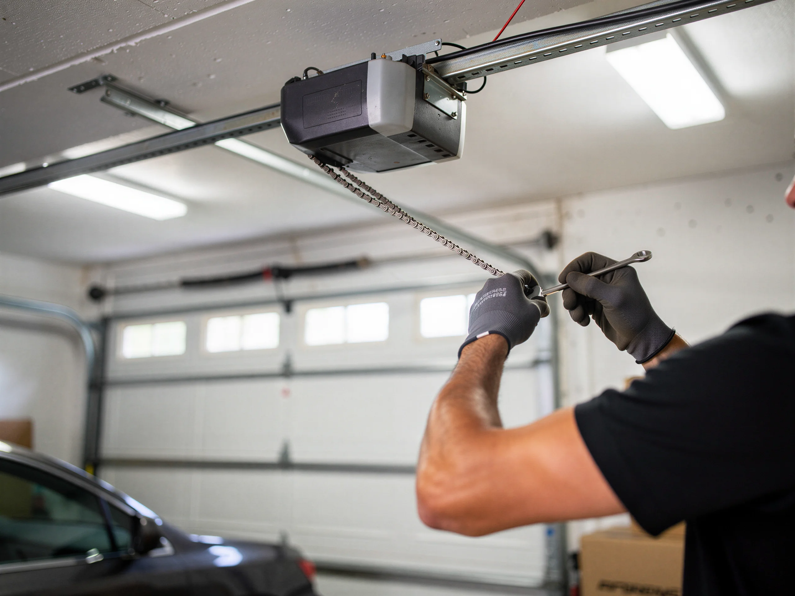 A technician works on a garage door opener chain with a wrench.