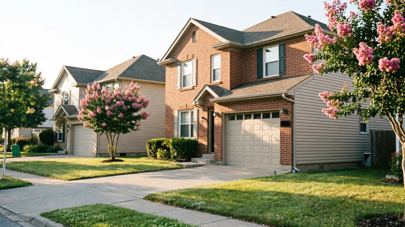 A brick house with a tan garage door and a flowering tree in front.
