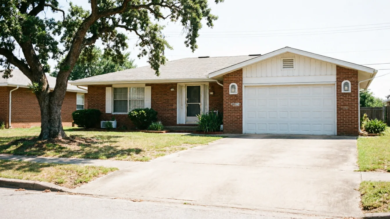 The house has a white garage door, a brick facade, and a large tree in the yard.